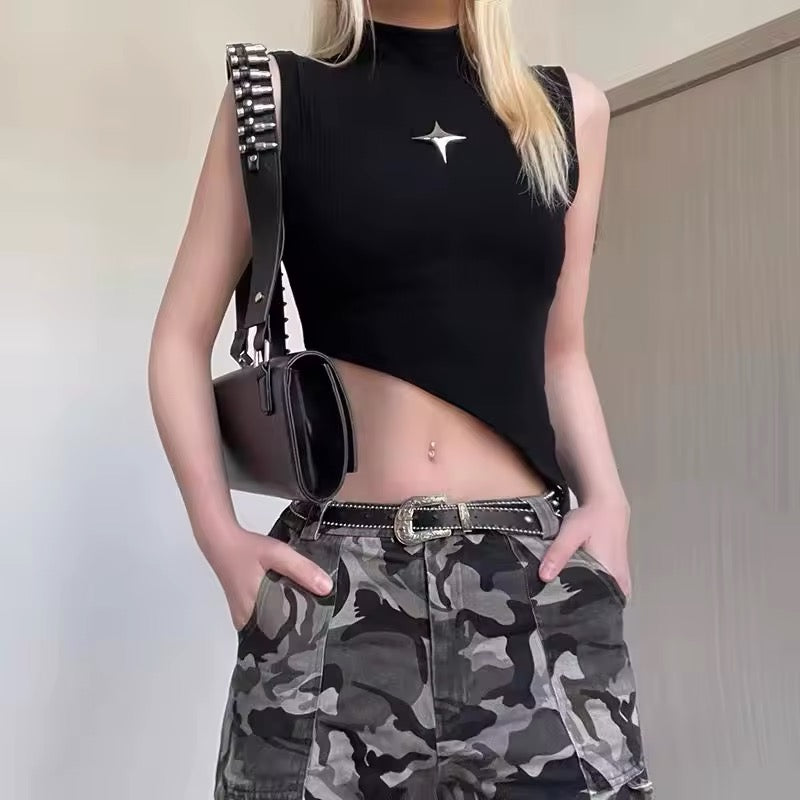 Harajuku streetwear black tank top with a high neck for an alt-girl look