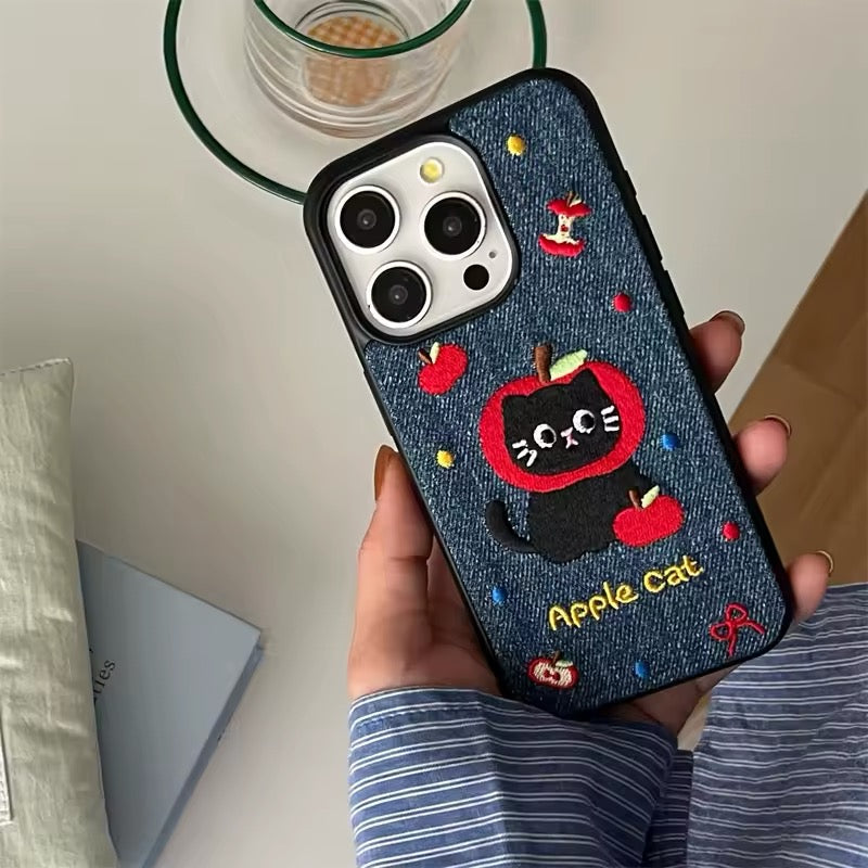 Cute embroidered kitten denim iPhone case for iPhone 13 to 16