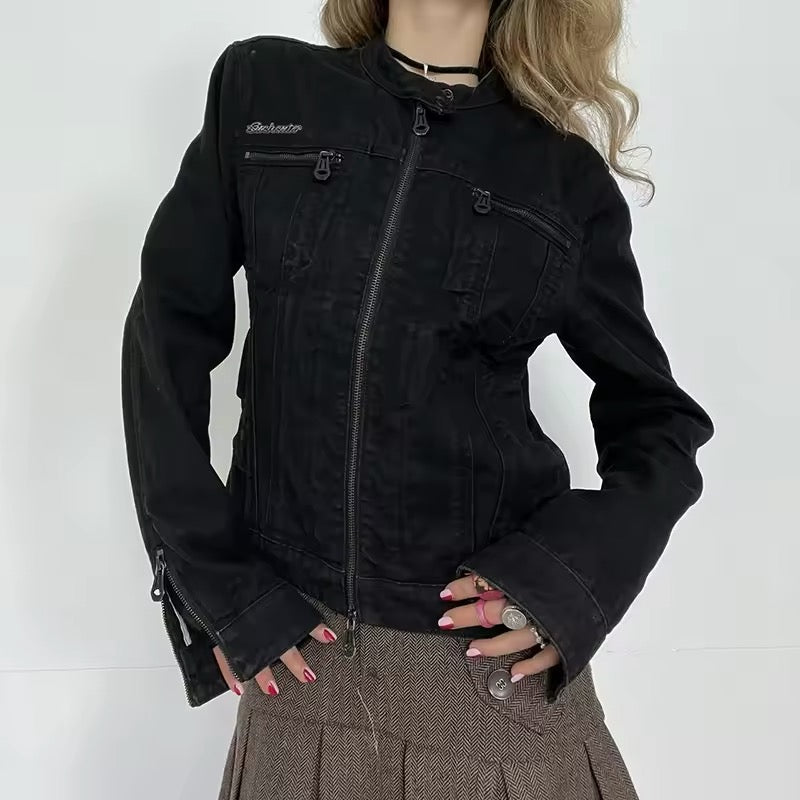 Black punk denim coat for winter streetwear