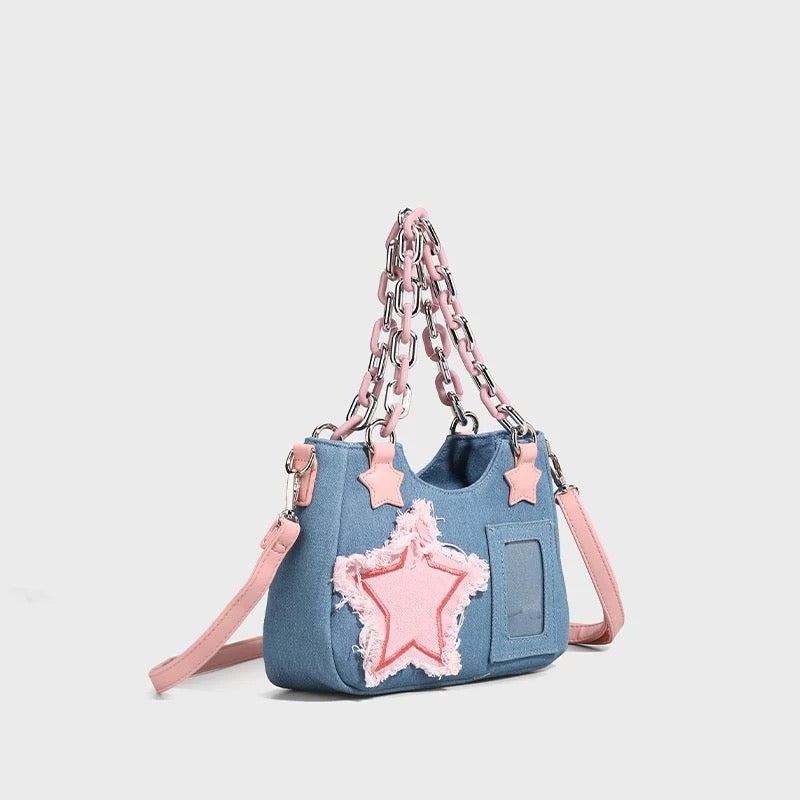 Mini crossbody denim tote with large star design