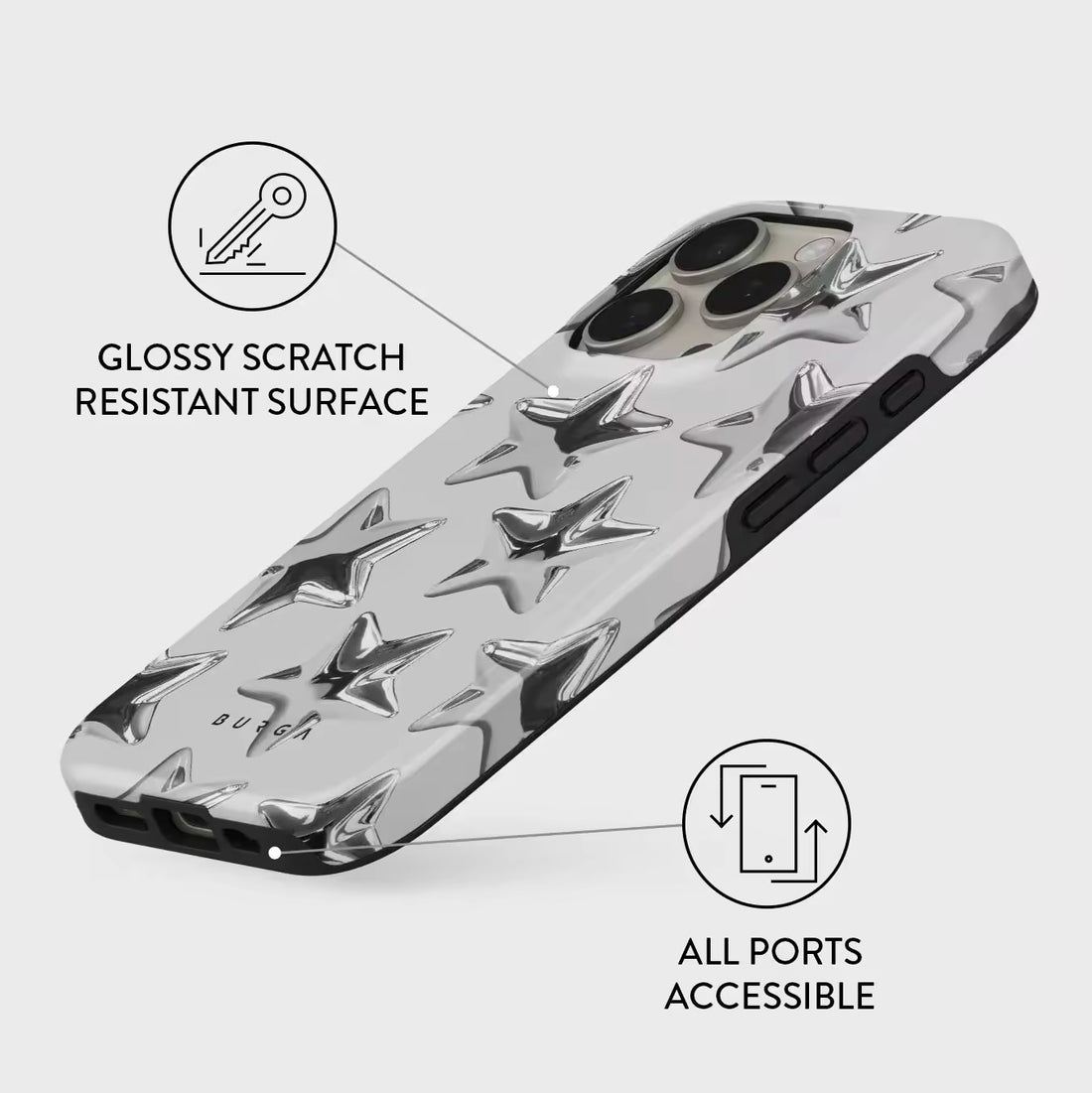 Front view of the Silver Stars Y2K iPhone Case showcasing the glitter star design