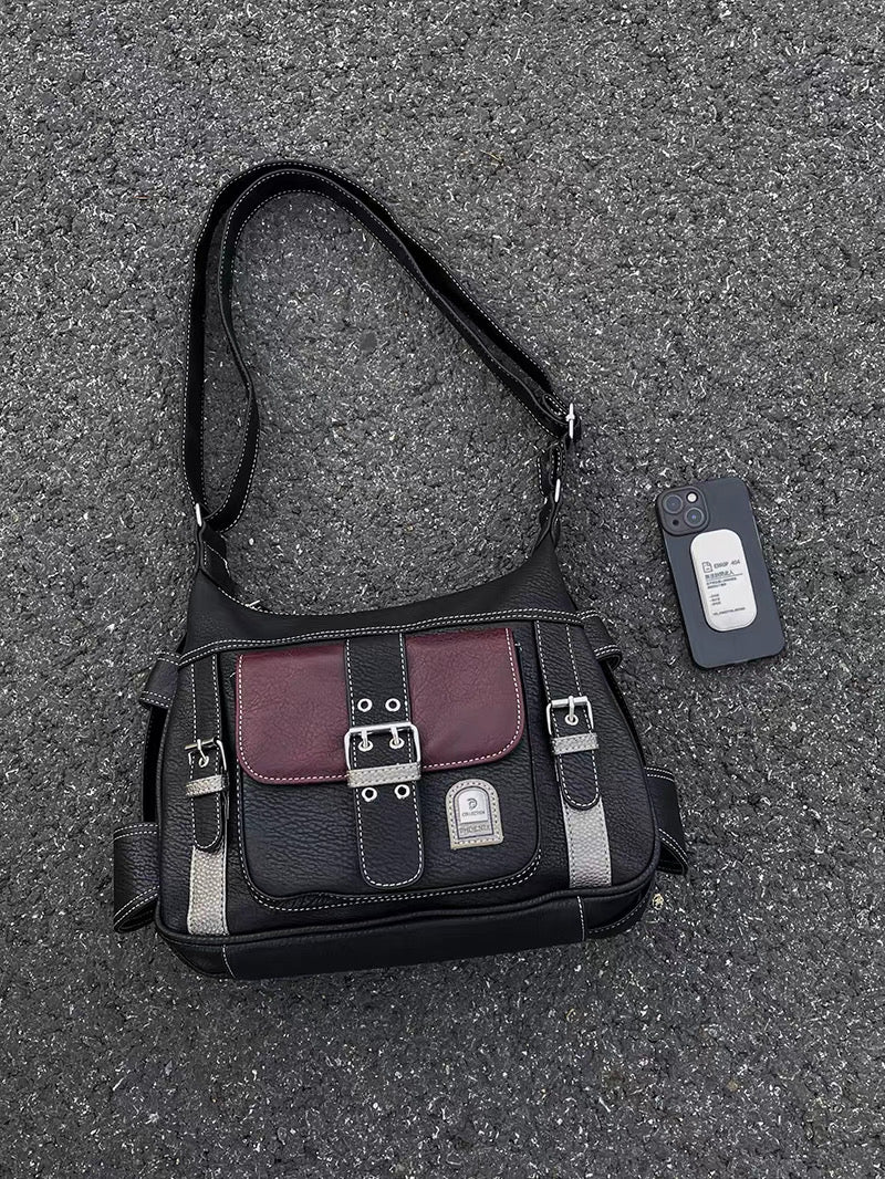 Y2K gothic shoulder bag with metal hardware and pockets