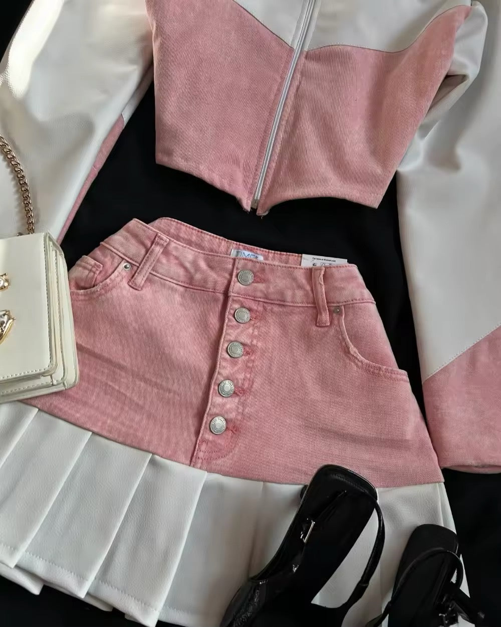 egirl aesthetic leather jacket and skirt combo