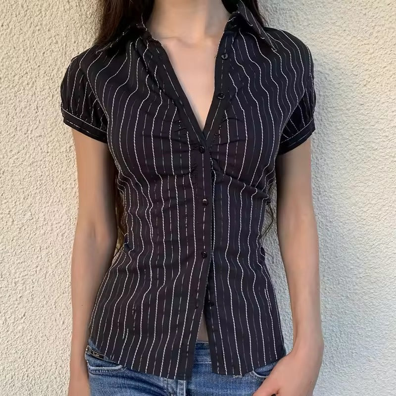 Chic retro striped blouse with a classic button-up aesthetic