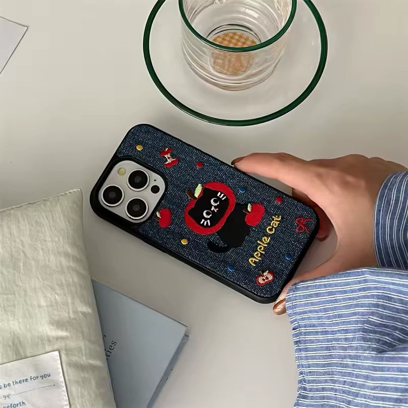 Soft aesthetic denim case with black cat and star embroidery