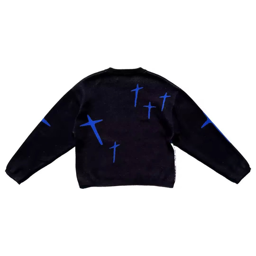 Black gothic anime sweater featuring a kneeling girl in white swirl graphic