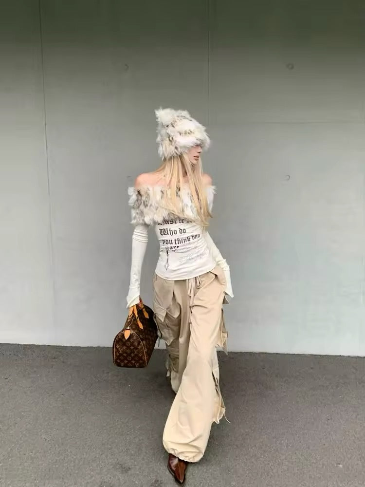 y2k emo off shoulder fur crop top for women with print