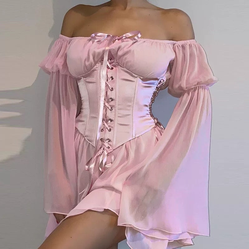 Elegant off shoulder fairy dress with puff sleeves and flared skirt