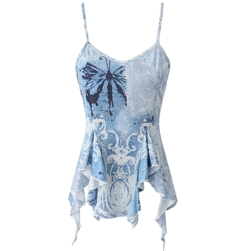 Fairycore blue asymmetrical tank top, vintage Y2K-inspired camis, sleeveless irregular crop top with floral ruffles, trendy summer aesthetic fashion