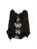Black gothic fairycore sweater with graffiti print and torn details