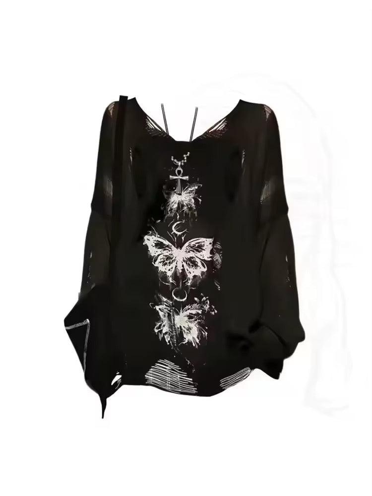 Black gothic fairycore sweater with graffiti print and torn details