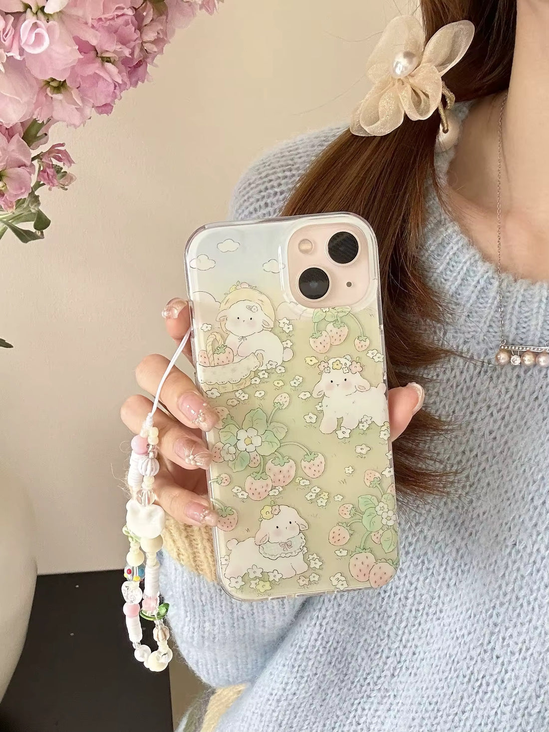 Cottagecore sheep iPhone case with floral strawberry print for aesthetic girls
