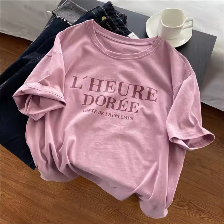 Aesthetic pink cotton t-shirt with French letter print