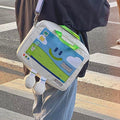 Pink embroidered crossbody computer bag with cartoon print