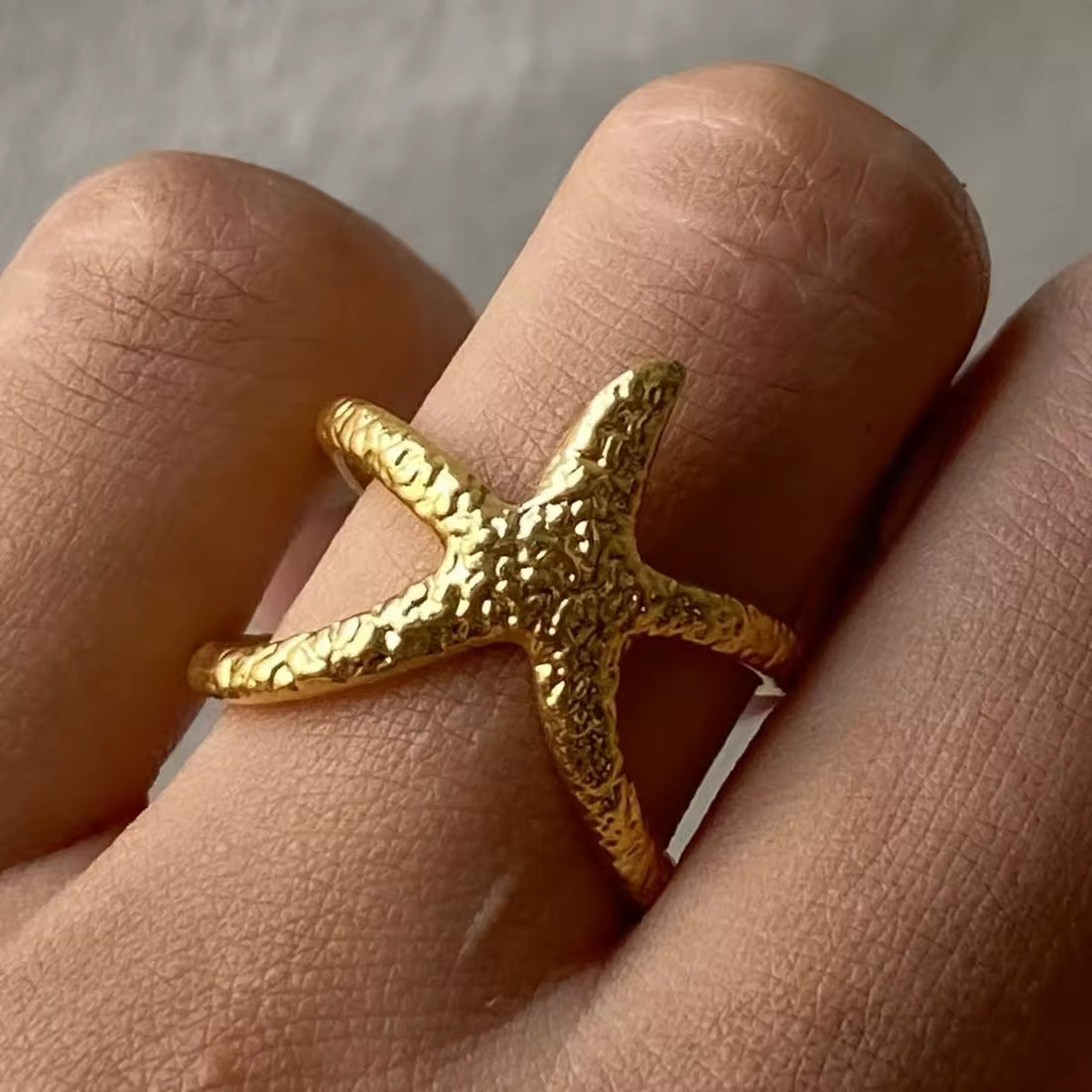 Elegant gold starfish open ring with waterproof stainless steel