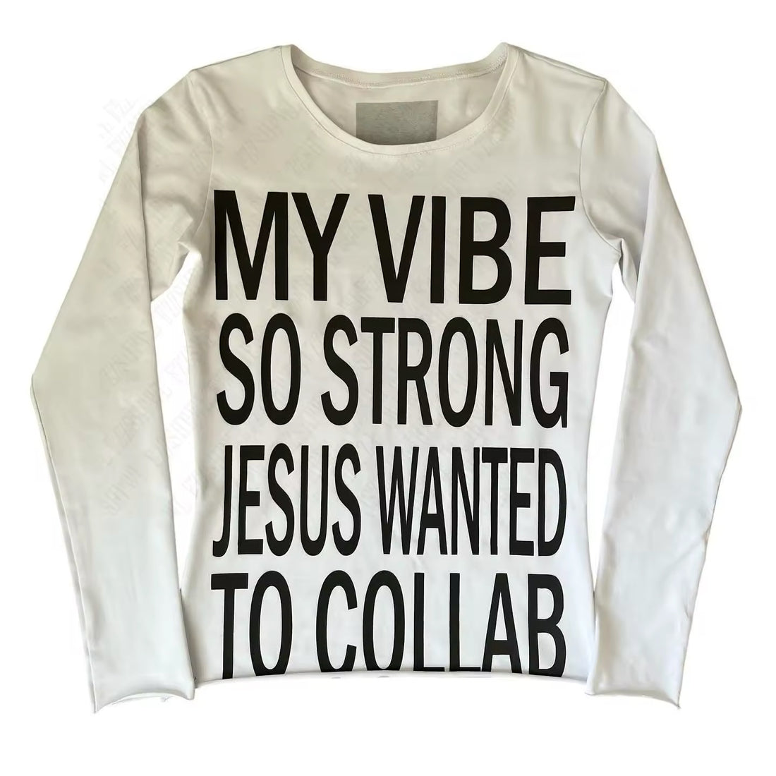 Y2K goth long sleeve shirt with bold lettering and cross graphic on the back