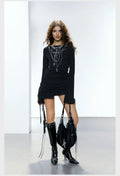 Gothic aesthetic black top with chain print for women