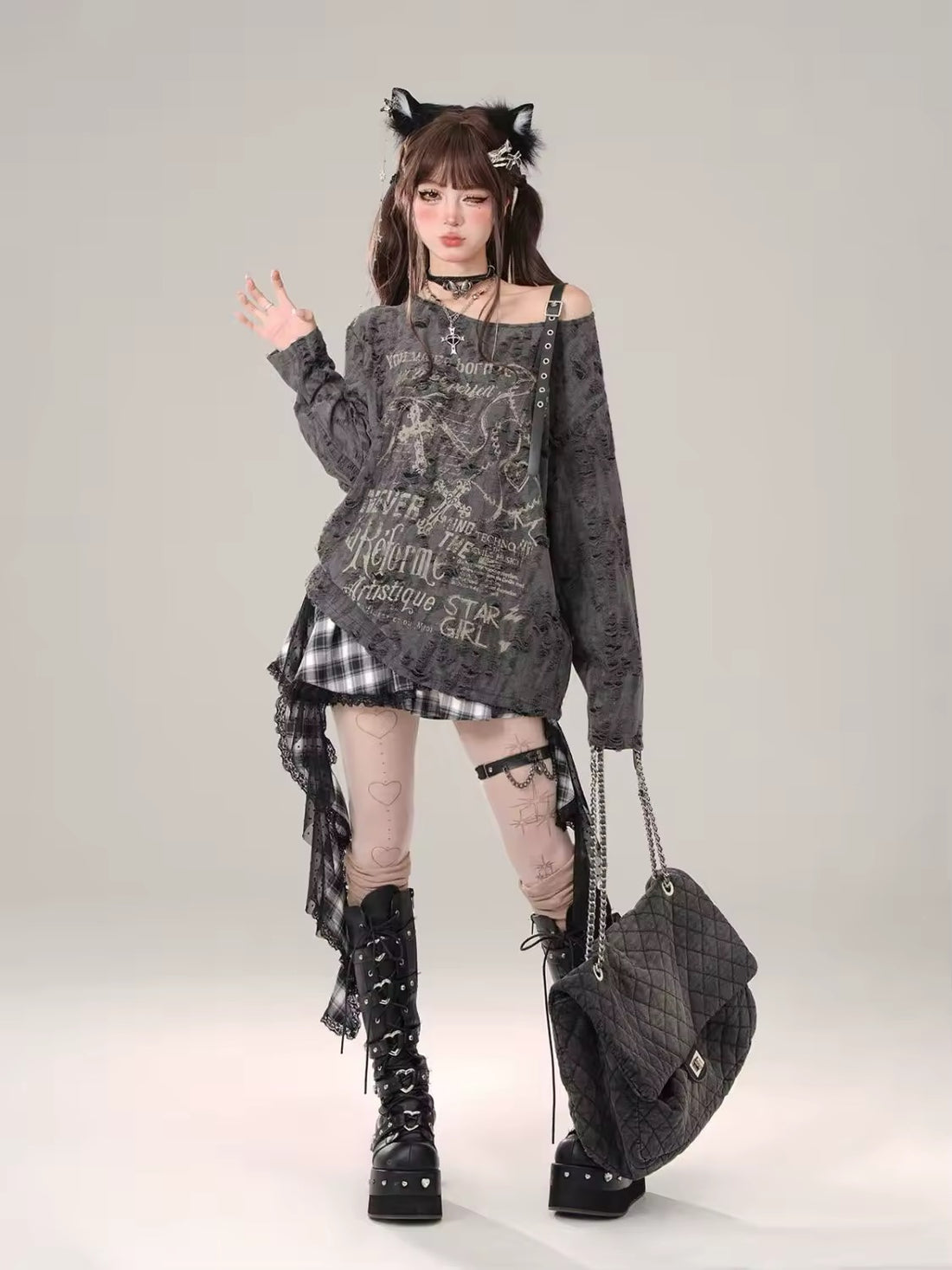Gothic aesthetic long sleeve tee with buckle strap and hollow out shoulder