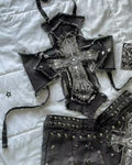 Gothic Y2K outfit set with embroidered cross halter top and black denim mini skirt