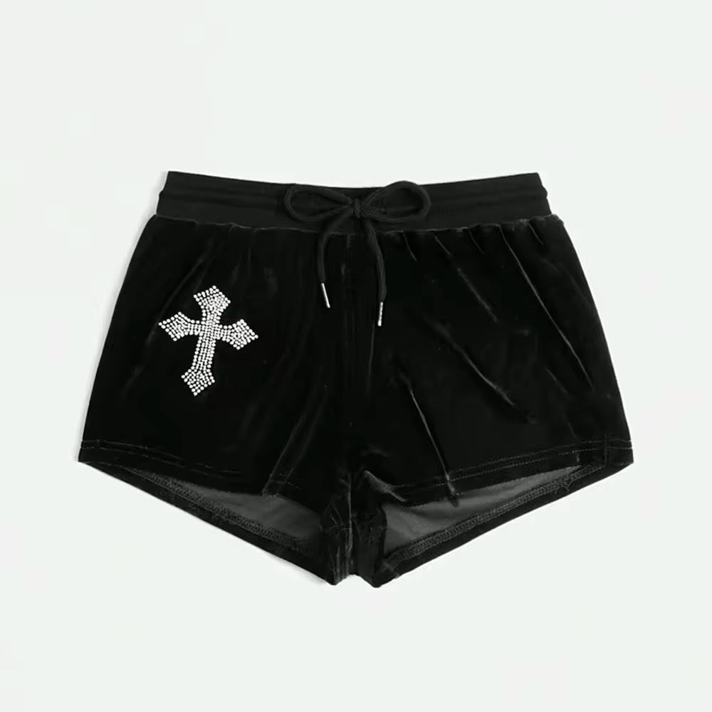 Gothic velvet shorts with rhinestone cross detail for women’s streetwear