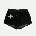 Gothic velvet shorts with rhinestone cross detail for women’s streetwear