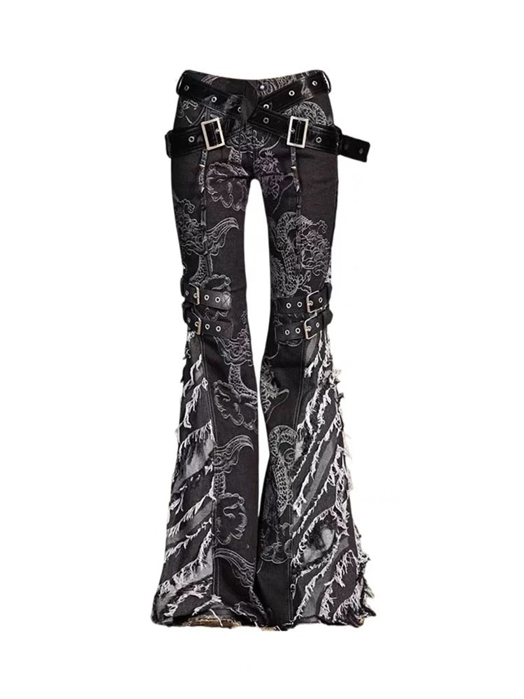 Black ripped flare jeans with gothic dragon detail