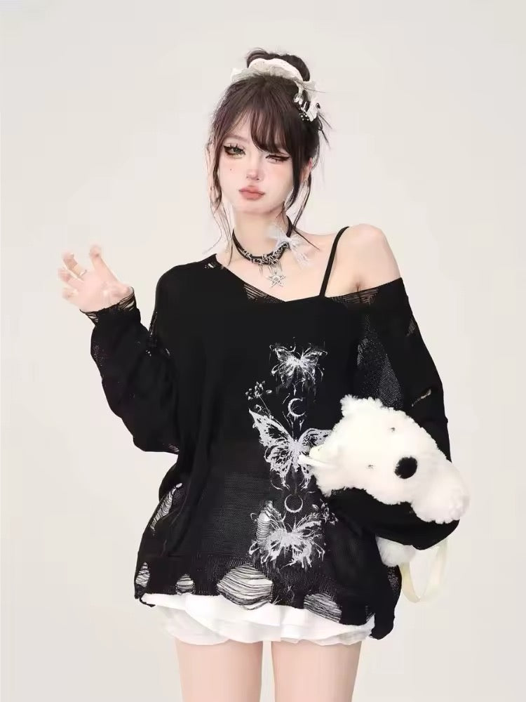 Black gothic fairycore sweater with graffiti print and torn details
