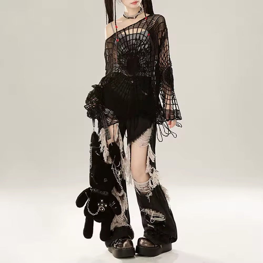 Gothic black sweater with open-knit spider web design, featuring a soft hood and raw finish, ideal for edgy streetwear