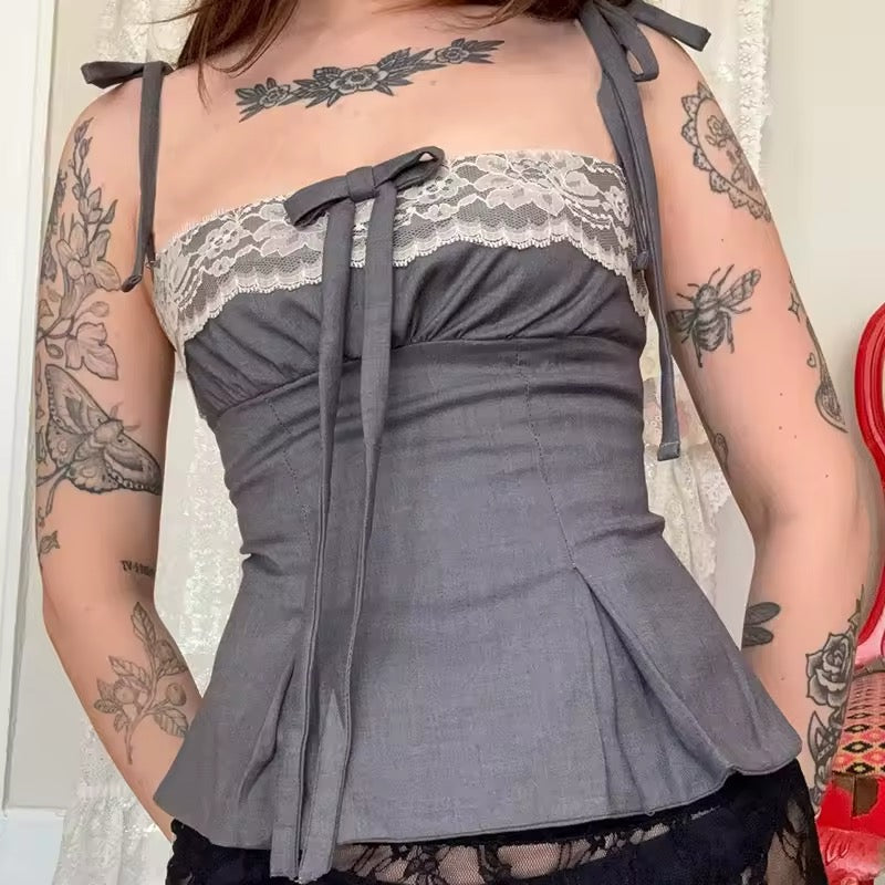 Coquette style camisole with lace patchwork in gray