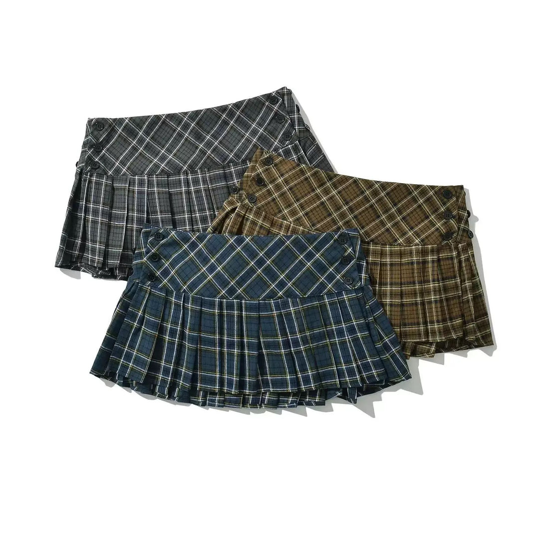 Green plaid skirt with side buttons and pleats for Y2K summer fashion