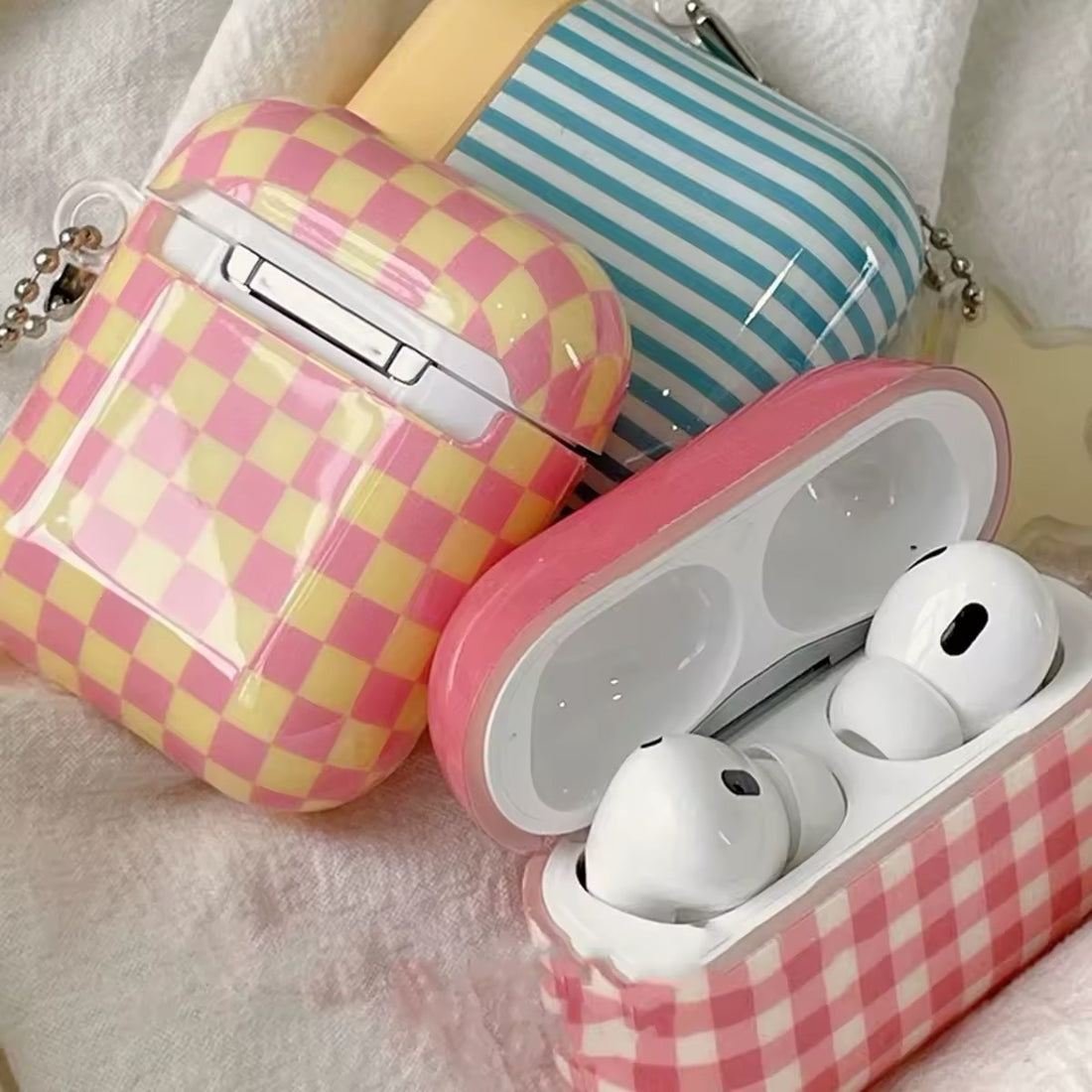 Retro grid AirPods case with striped checkered design