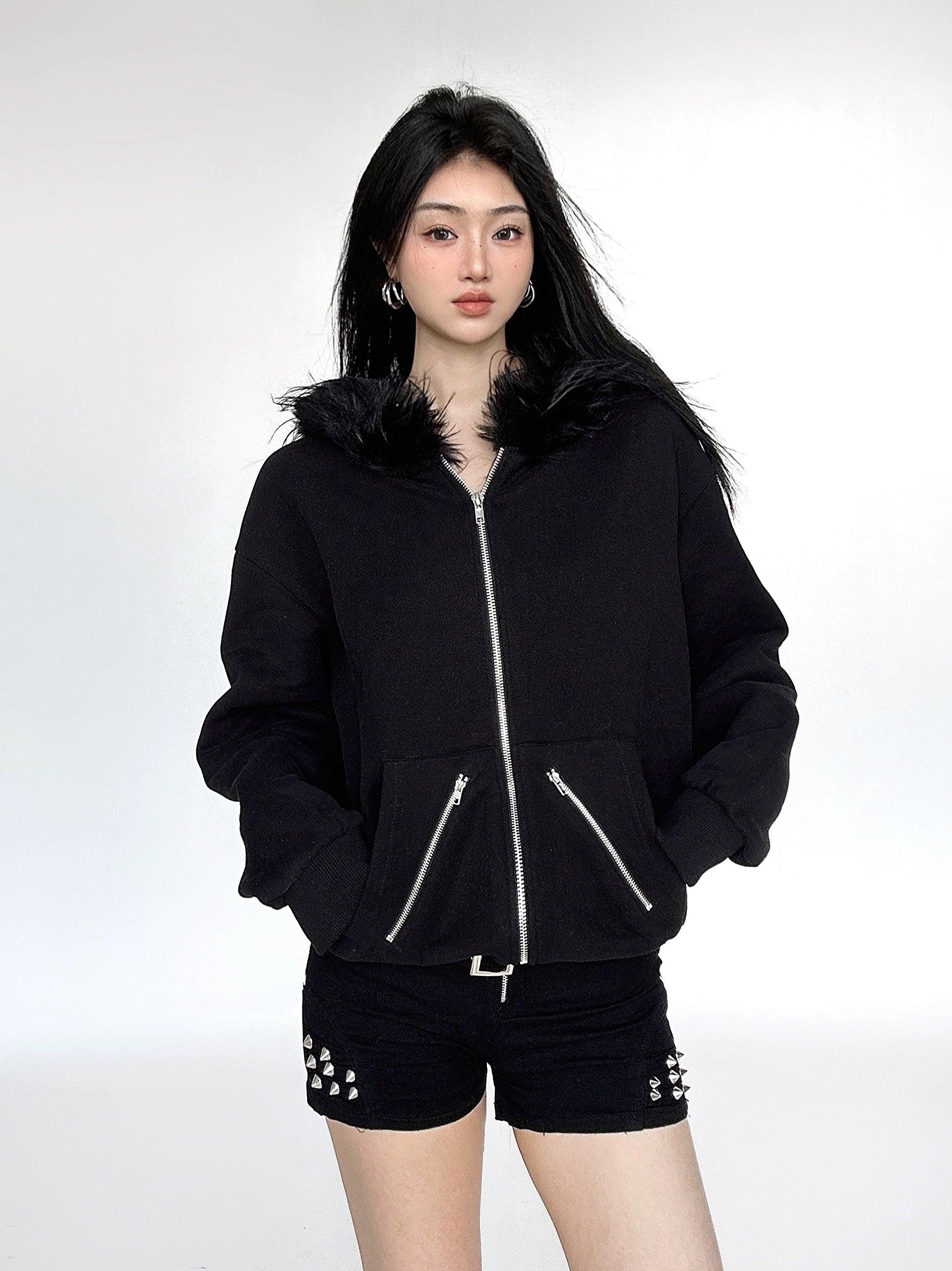Side view of grunge hoodie with soft fur trim