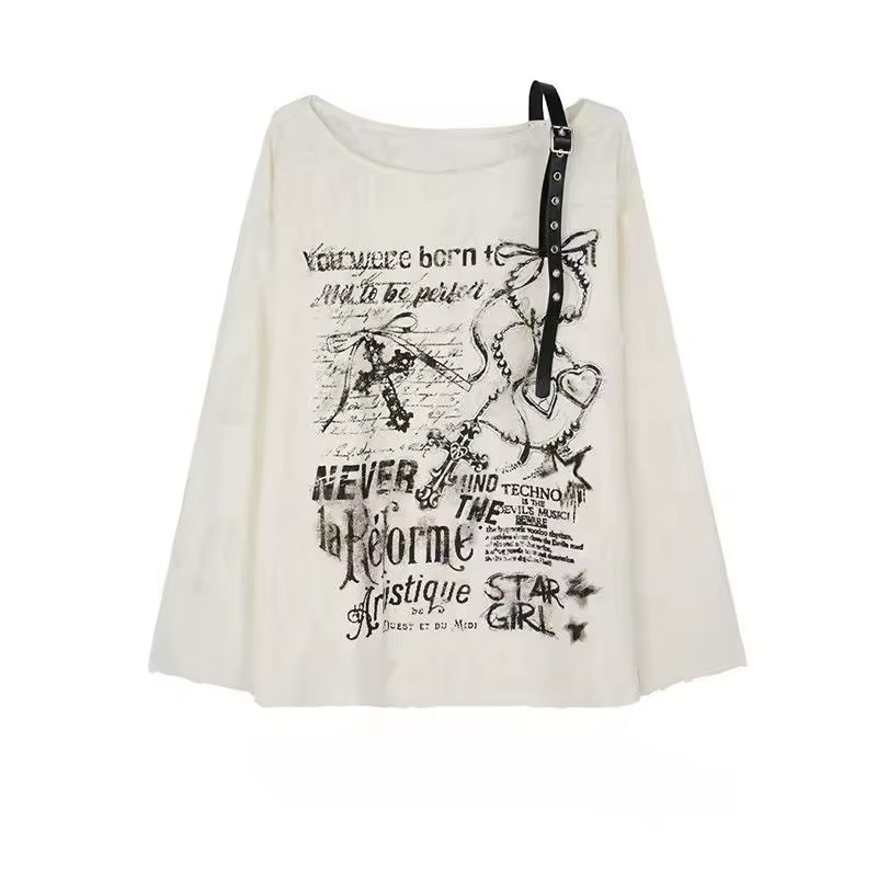 gothic off shoulder long sleeve tee with buckle strap