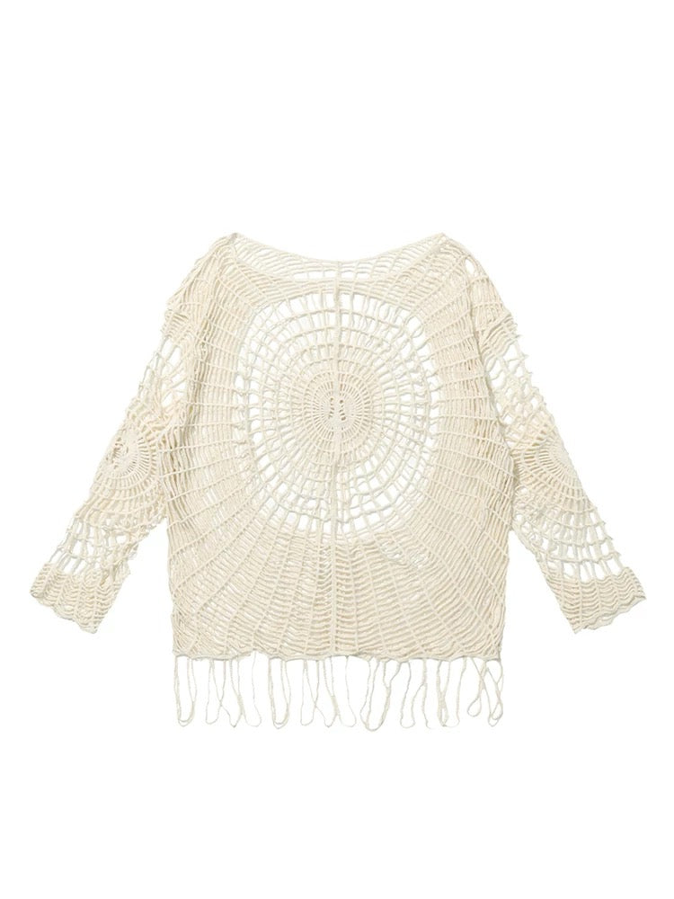 Gothic knit pullover with spider web pattern and loose threads, perfect for dark streetwear and festival outfits
