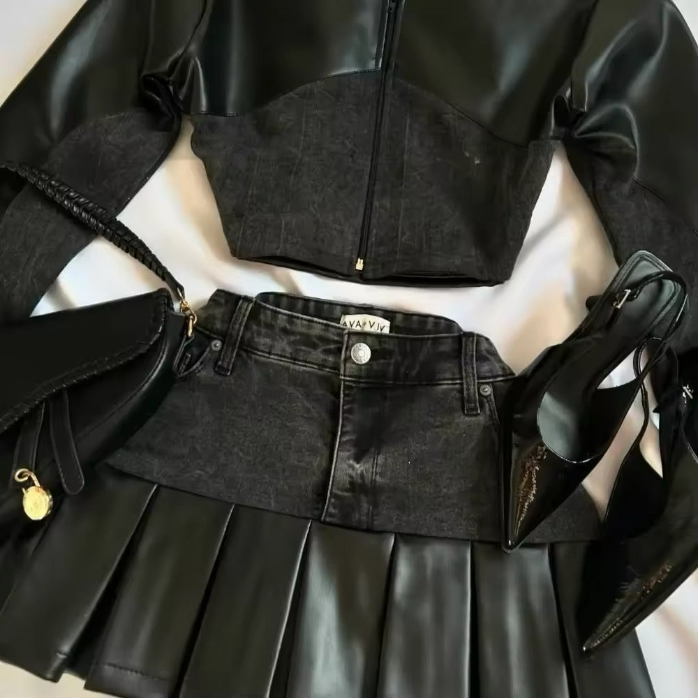 denim pleated skirt with heart patch accents