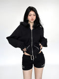 Harajuku-inspired hoodie with fuzzy fur neckline