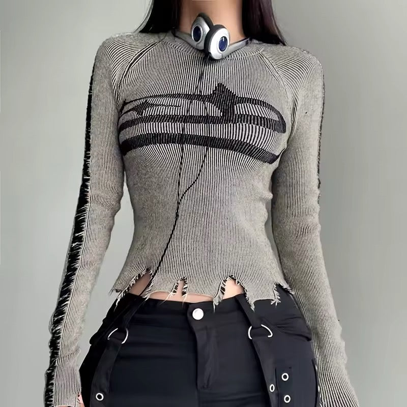 Vintage ripped sweater with patchwork and contrast stitching