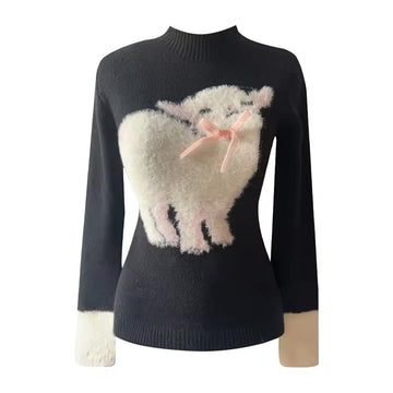 Model wearing sheep pullover in soft girl outfit