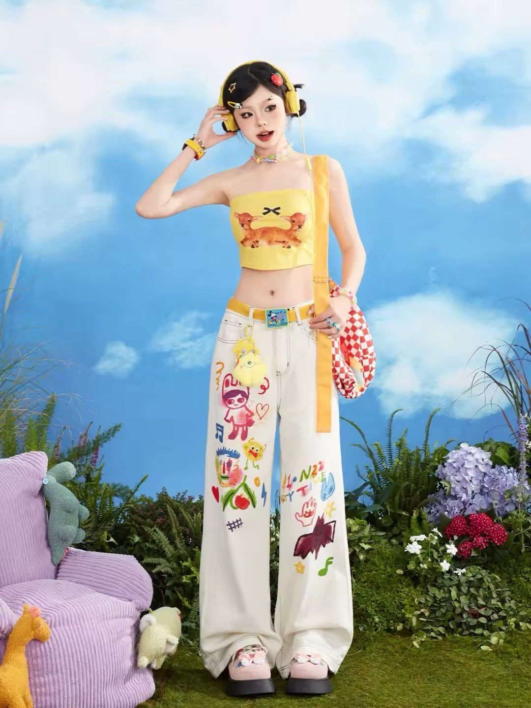 Rear view of the cartoon graffiti jeans showcasing the fit and back pockets