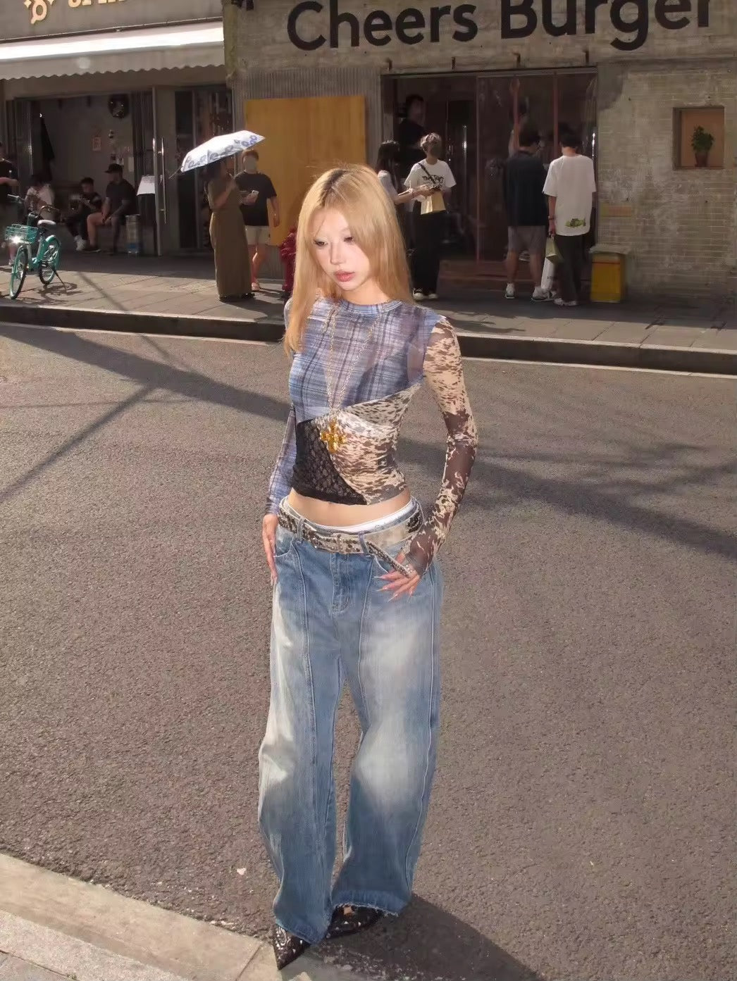 Slim-fit sheer lace top for Korean streetwear look