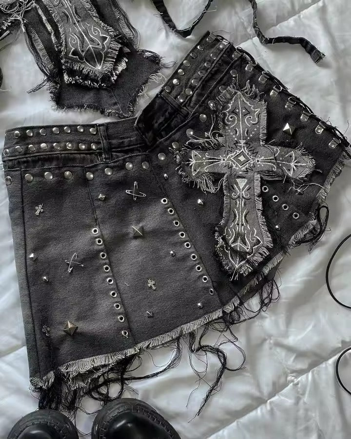 Harajuku punk aesthetic two-piece outfit with rivets, cross patches, and grunge finish