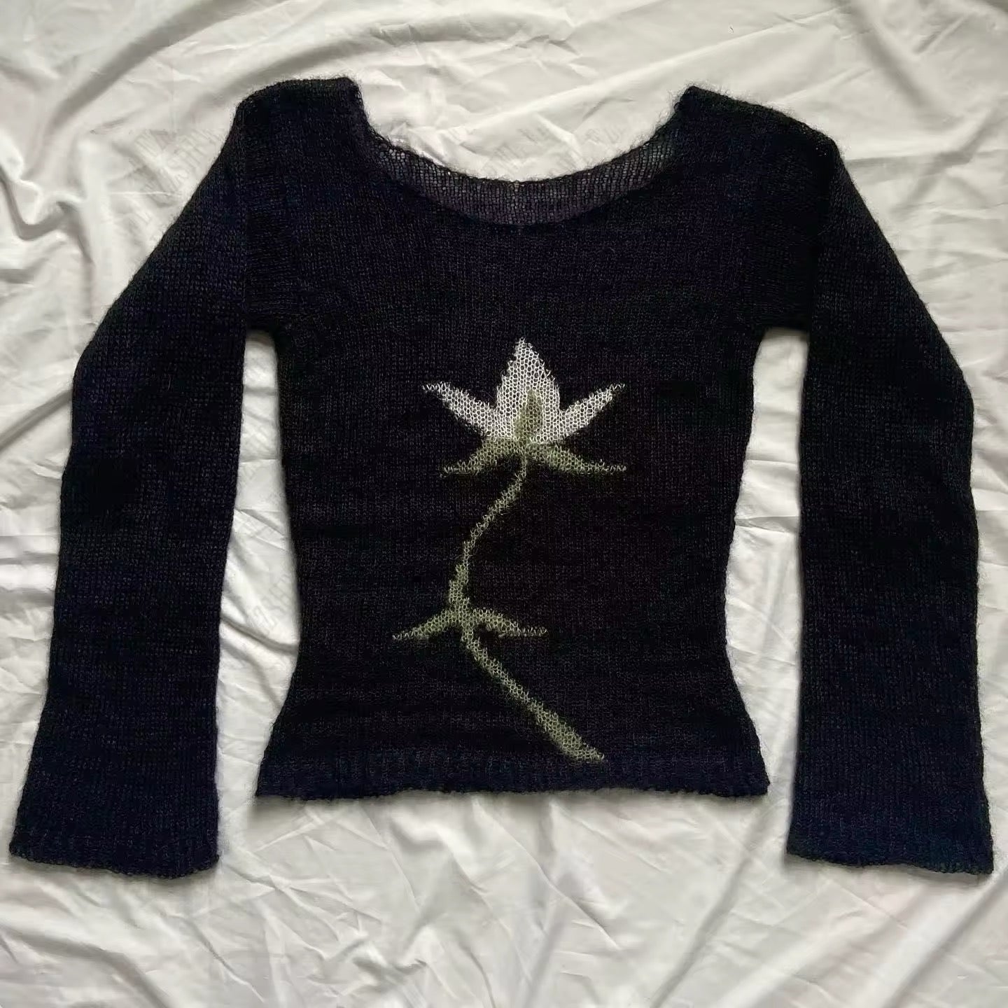 Slim fit black knit sweater with flower design, Harajuku Y2K aesthetic