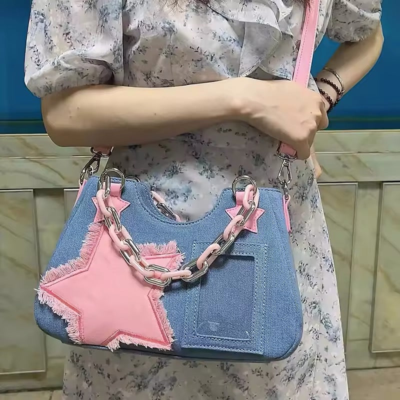 Harajuku-inspired denim crossbody purse with zipper