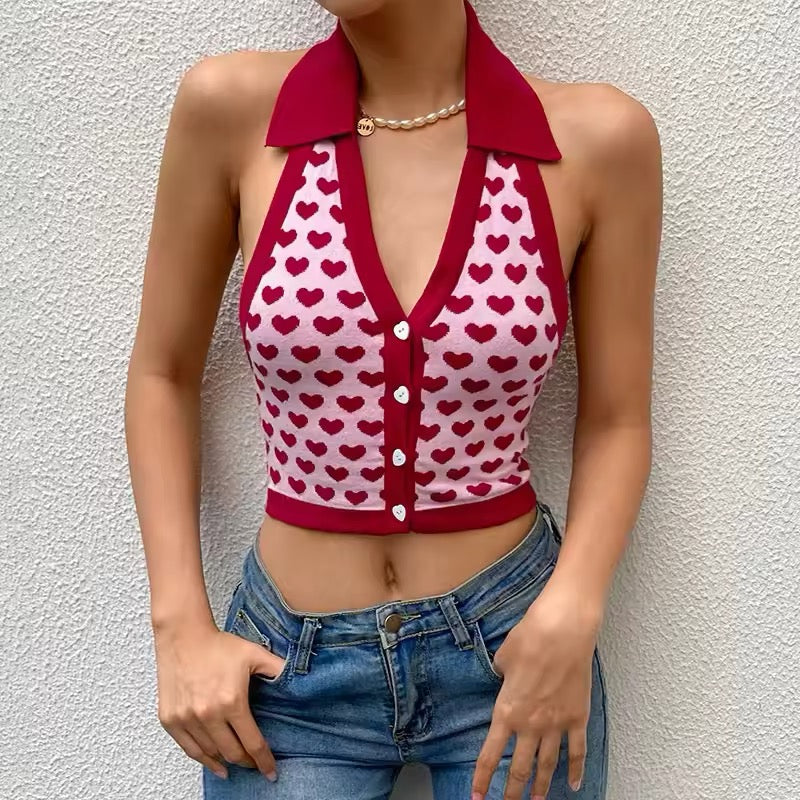 Y2K Heart Knitted Halter Top with button-front closure
