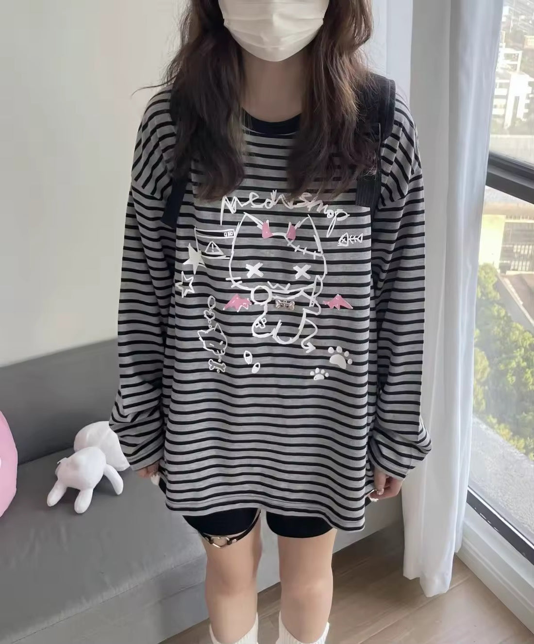 Hello Kitty striped long sleeve with patchwork sleeves