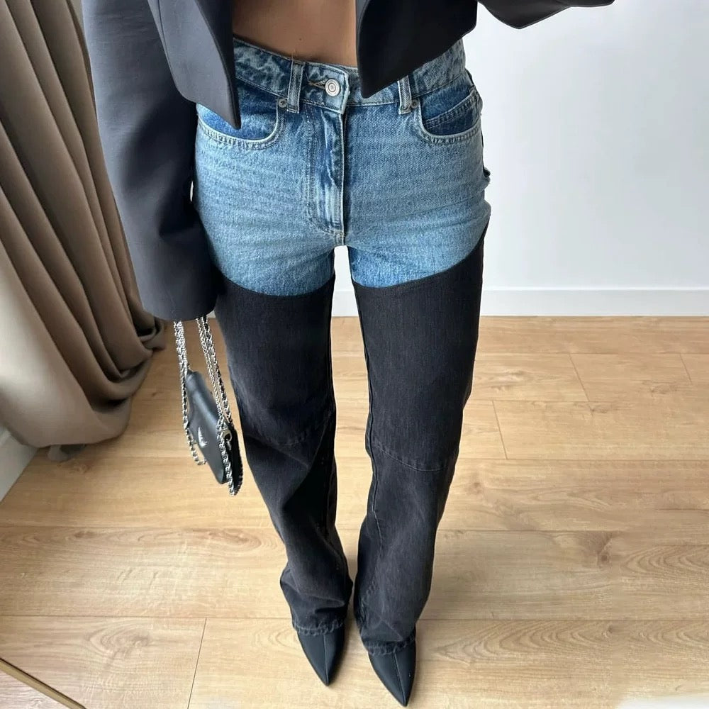 Women’s straight-leg denim pants featuring vintage-inspired contrast stitching, zip closure and modern high-waisted fit for street style lovers