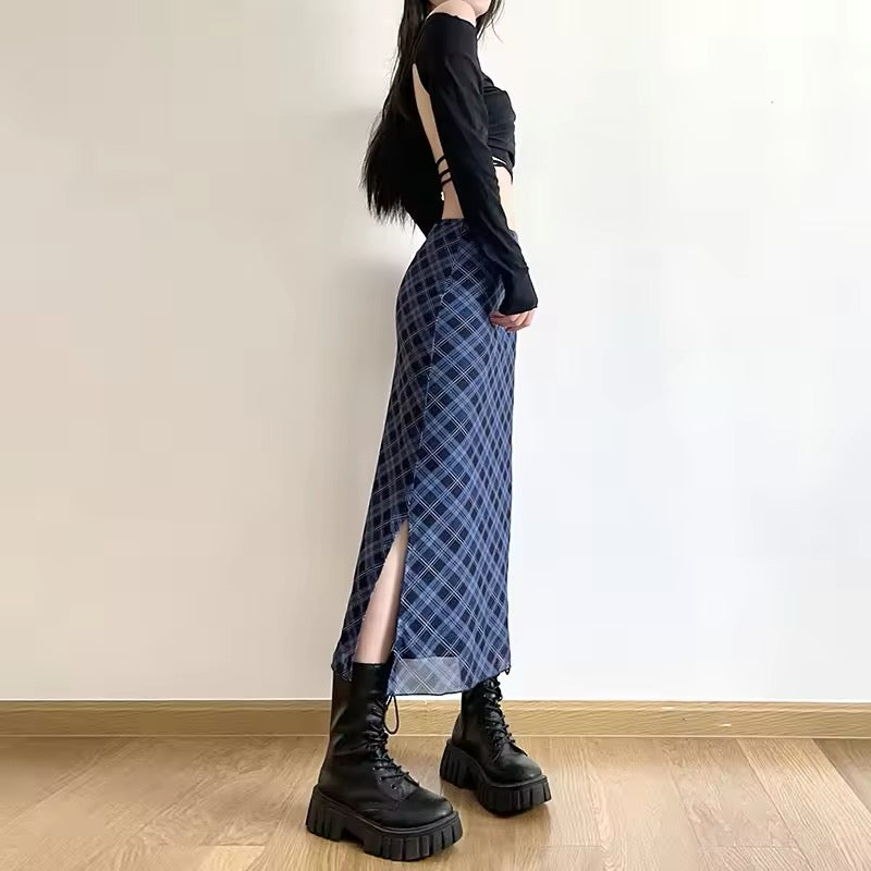 Y2K plaid midi skirt with a chic slim-fit silhouette
