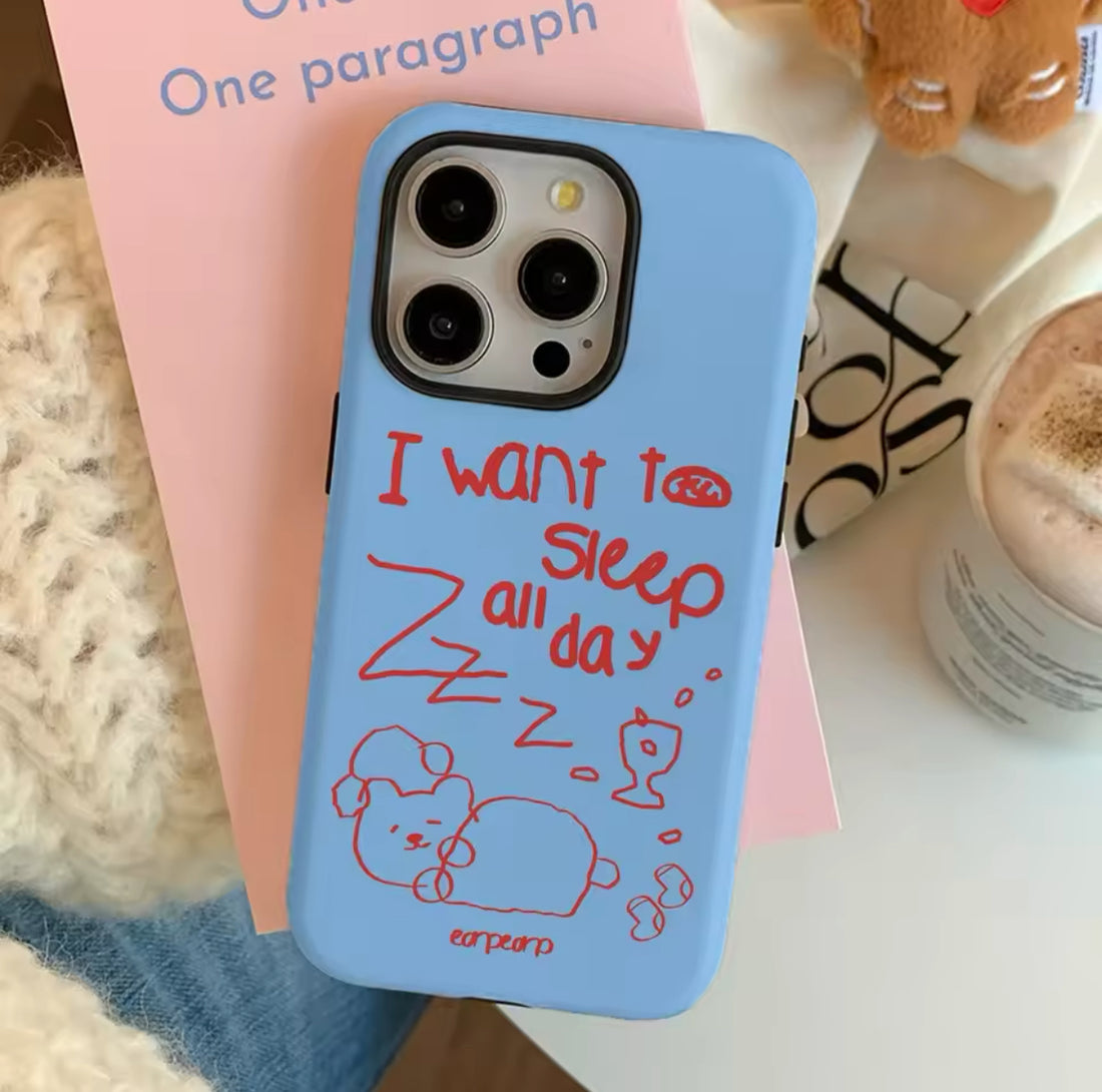 “I Want to Sleep All Day” iPhone case with pastel blue bread design
