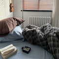 Bedroom with plaid blanket, book, and bottle on a bed with pillows.