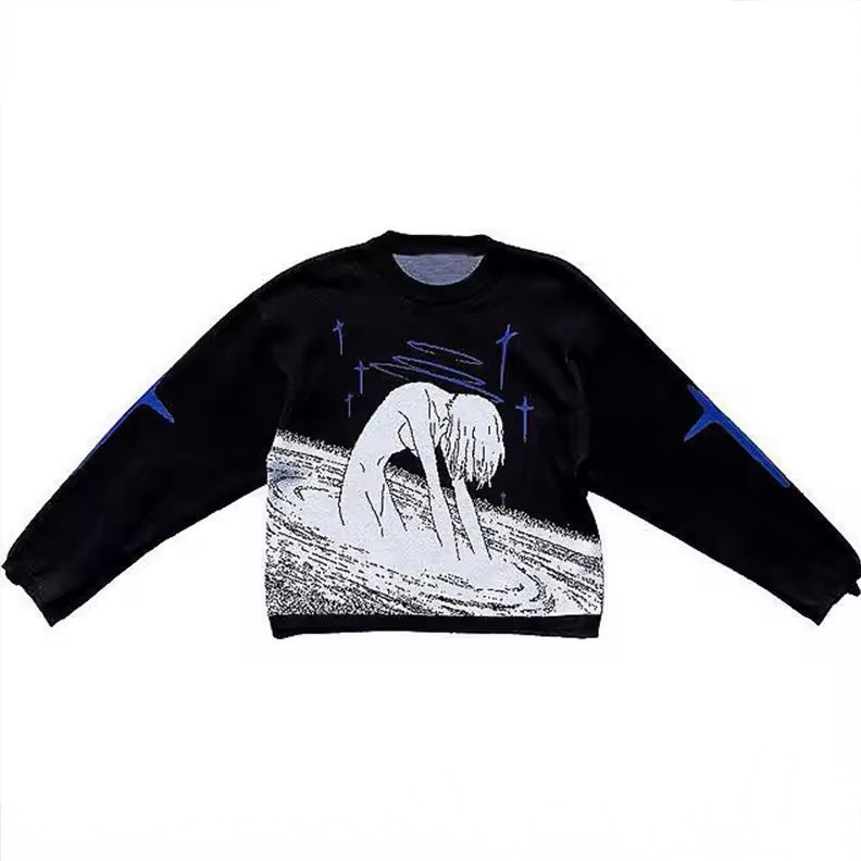 Black gothic anime sweater featuring a kneeling girl in white swirl graphic